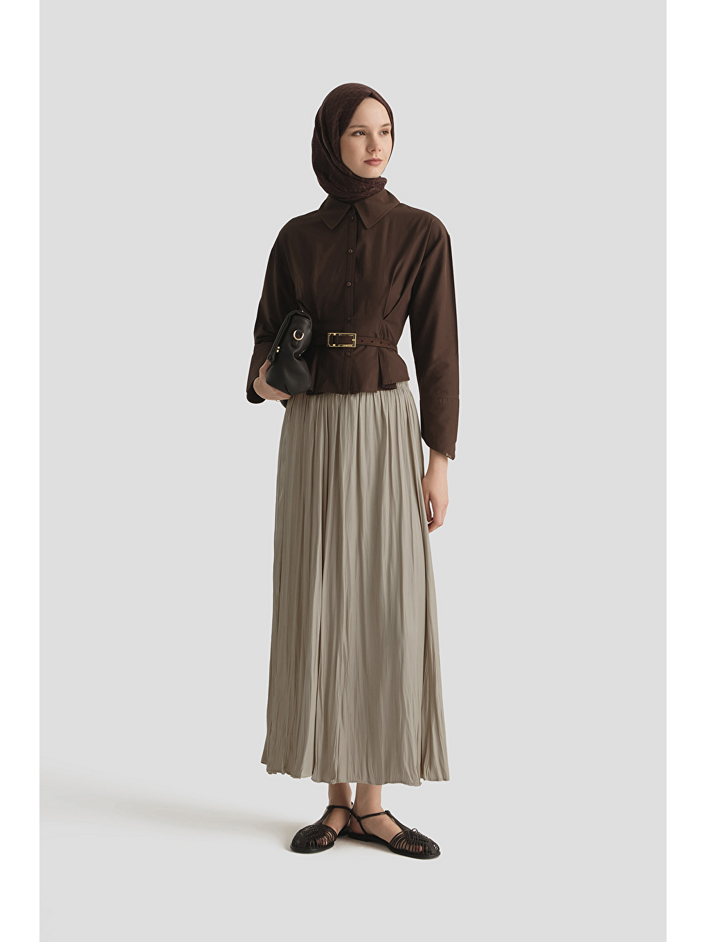 Bej Kırışık Efektli Saten Etek Vizon