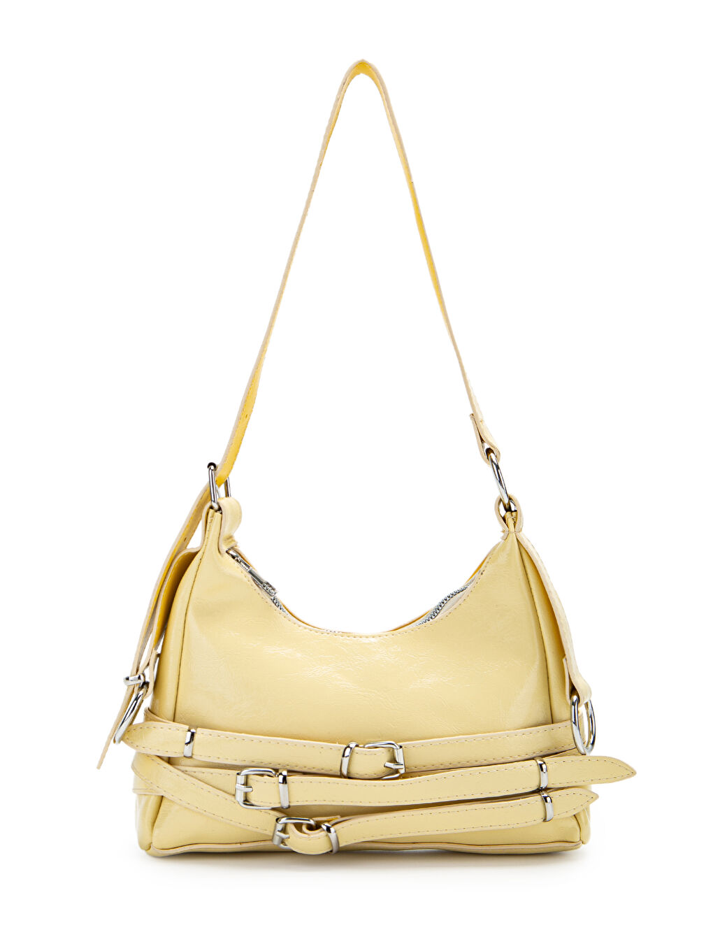 Kemer Detaylı Rugan Suni Deri Baget Kadın Kol Çanta Mary Tereyağ Sarısı