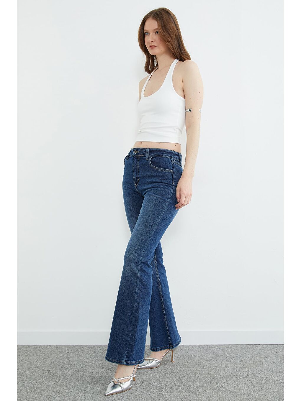 Mavi Yüksek Bel Fermuarlı Flare Jean-4