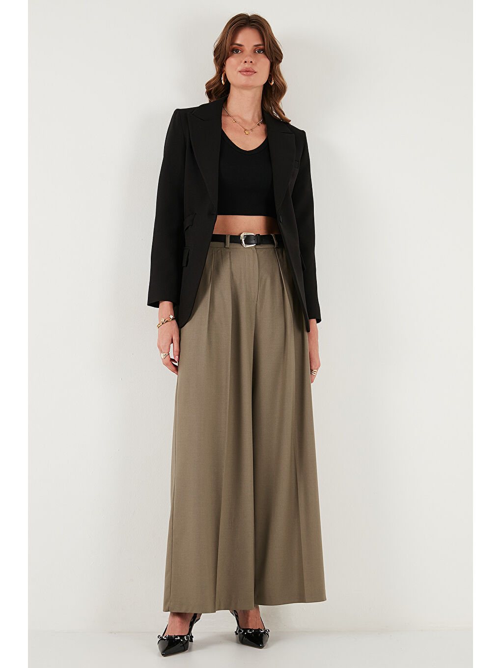 Bej Pileli Wide Leg Yüksek Bel Geniş Paça Kemerli Palazzo Pantolon 68351070