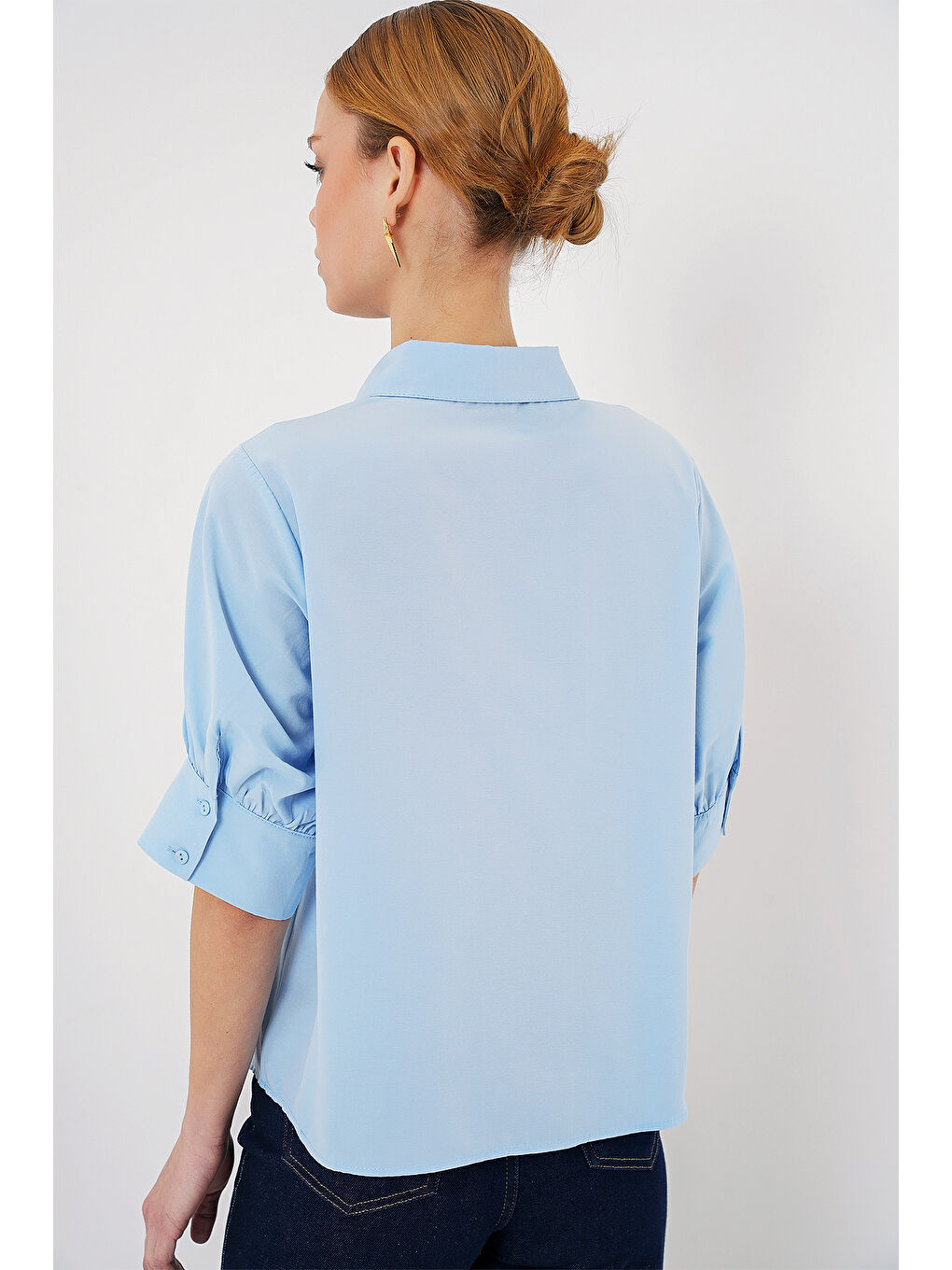 Kadın Kısa Kol Gömlek 20312 - Mavi-5
