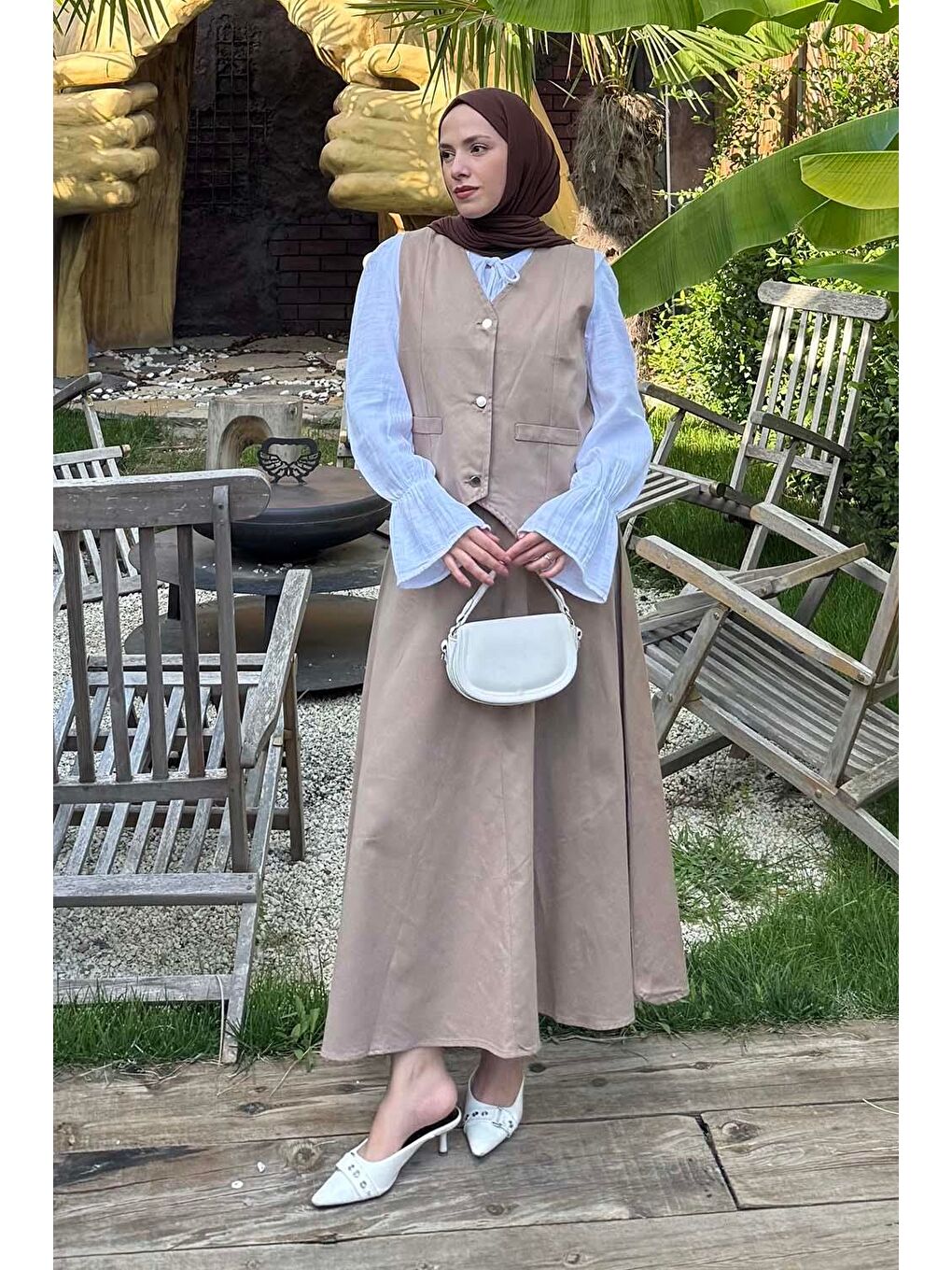 Kahverengi Gabardin Yelek-Etek İkili Tesettür Takım Soft Kahve-3