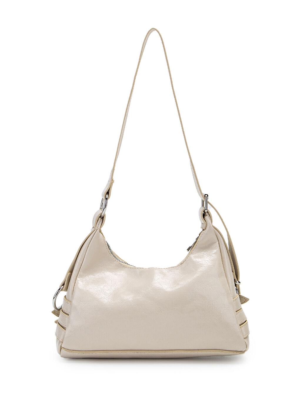 Ekru Kemer Detaylı Rugan Suni Deri Baget Kadın Kol Çanta Mary Krem-3