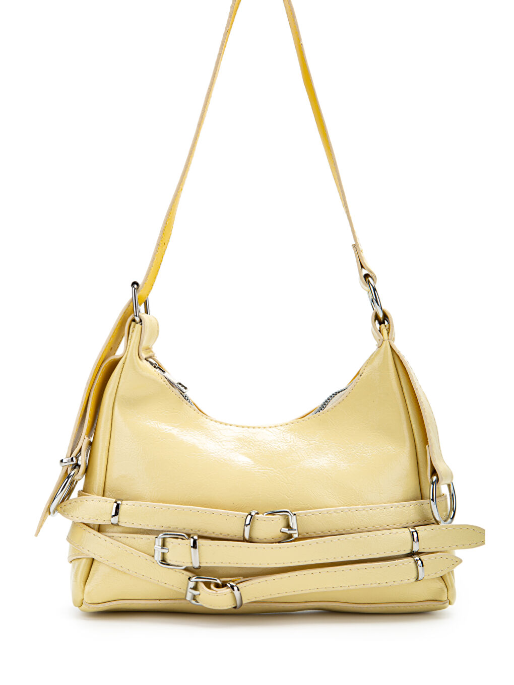 Kemer Detaylı Rugan Suni Deri Baget Kadın Kol Çanta Mary Tereyağ Sarısı-1