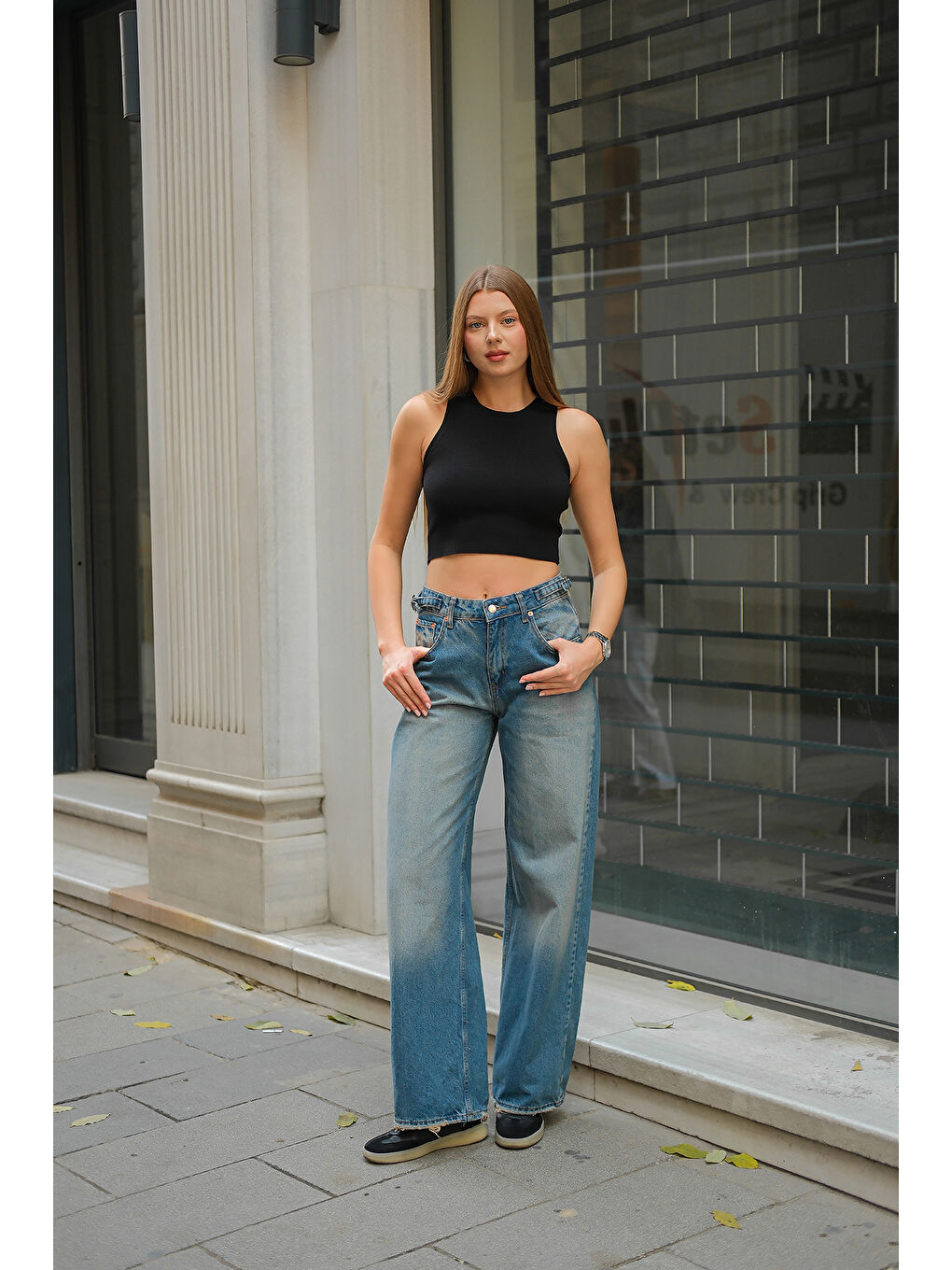 Kadın Kemer Detay Jean Pantolon Buz Mavi-4