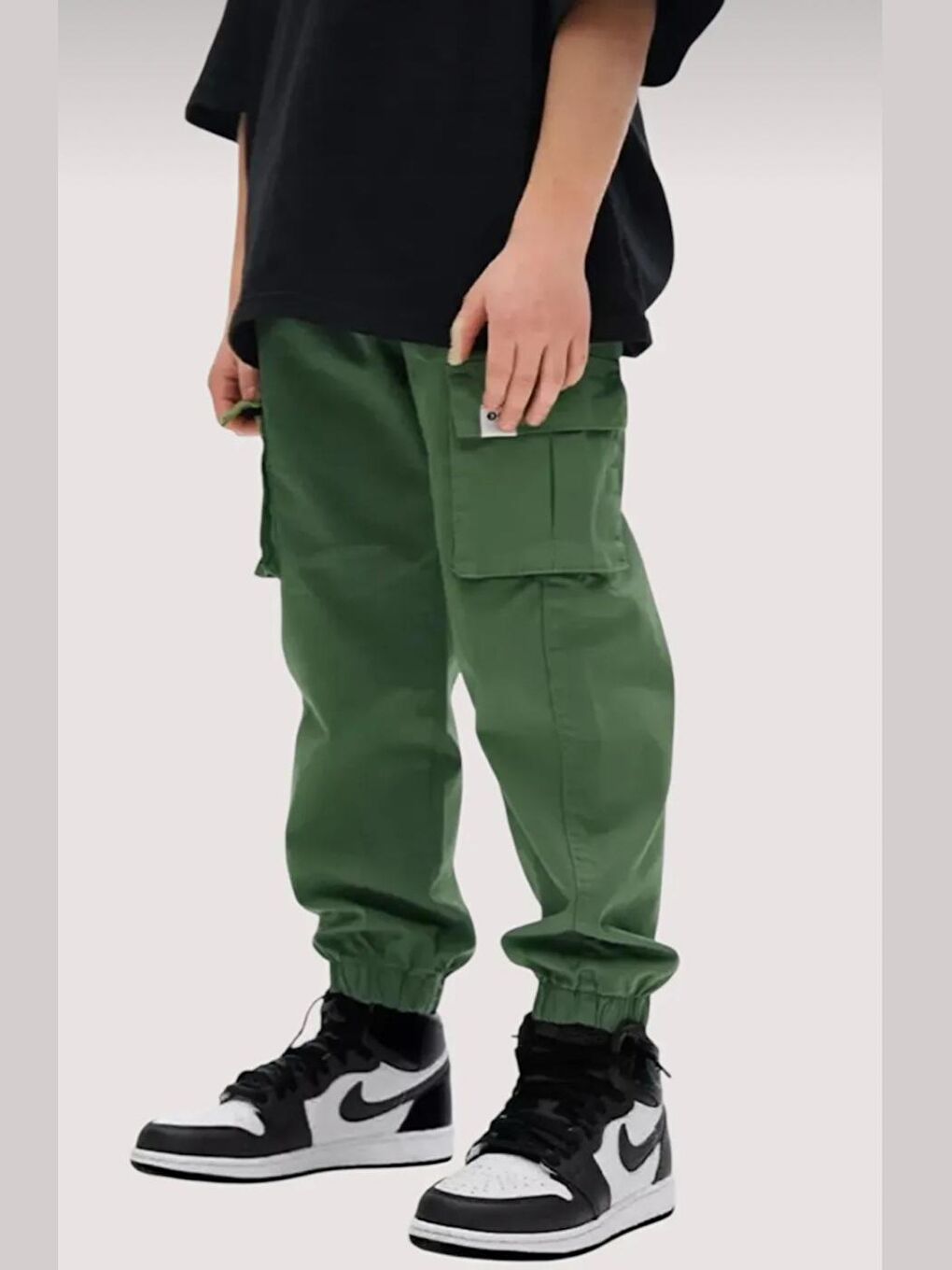 Haki Erkek Çocuk Kargo Cepli Beli Bagcikli Lastikli Paça Jogger Gabardin Pantolon-1