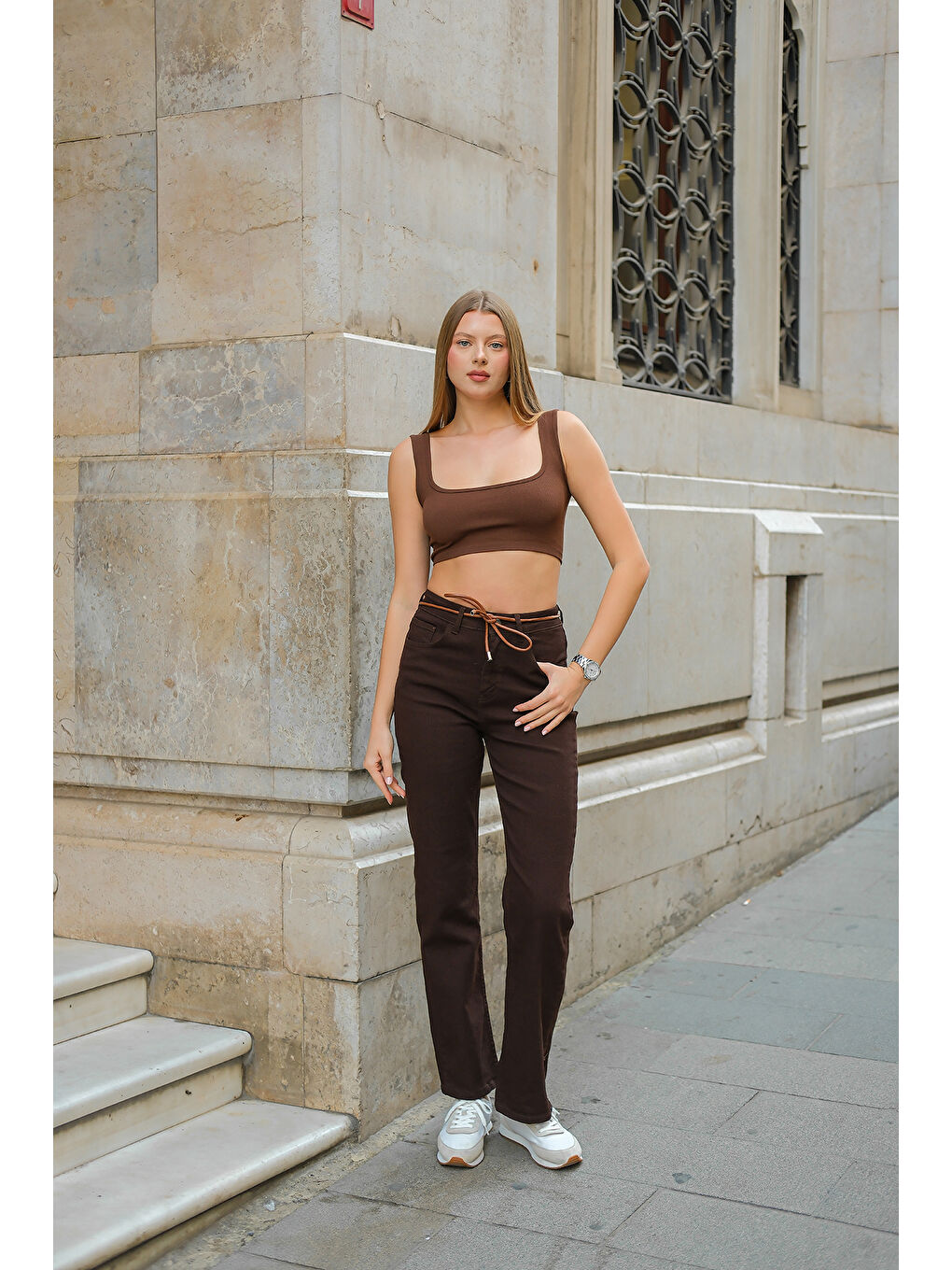 Kadın İp Kemerli Jean Pantolon Kahverengi-4