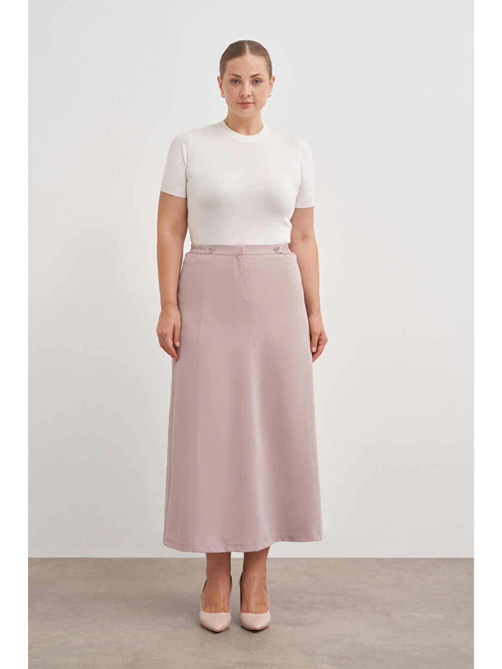 Bej Vizon Düğmeli Düz Kalem Etek-2