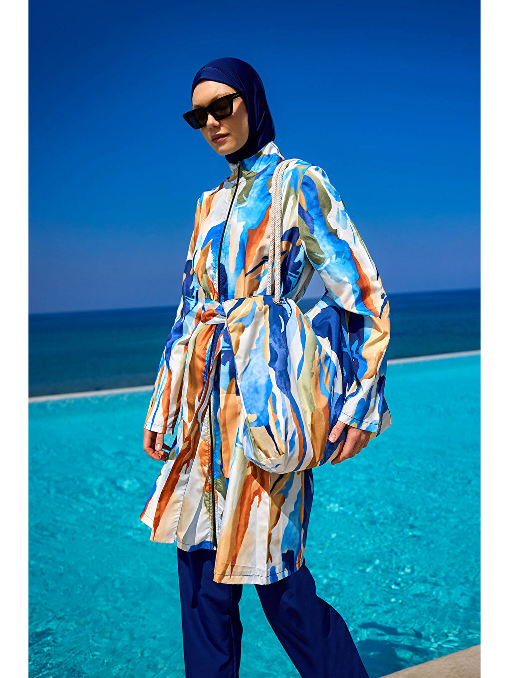 Lacivert Tam Kapalı Tesettür Mayo Plaj Çantalı 4 Parça Set R2514-3