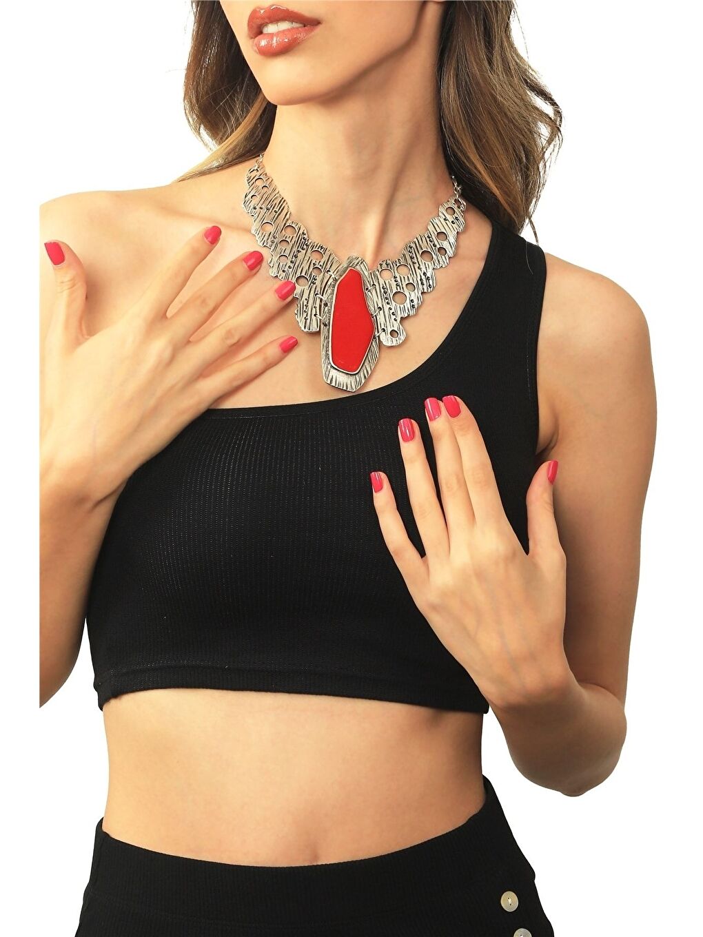 Kırmızı Kadın Antik Gümüş Kaplama Asimetrik Parçalı Mineli Kolye-1