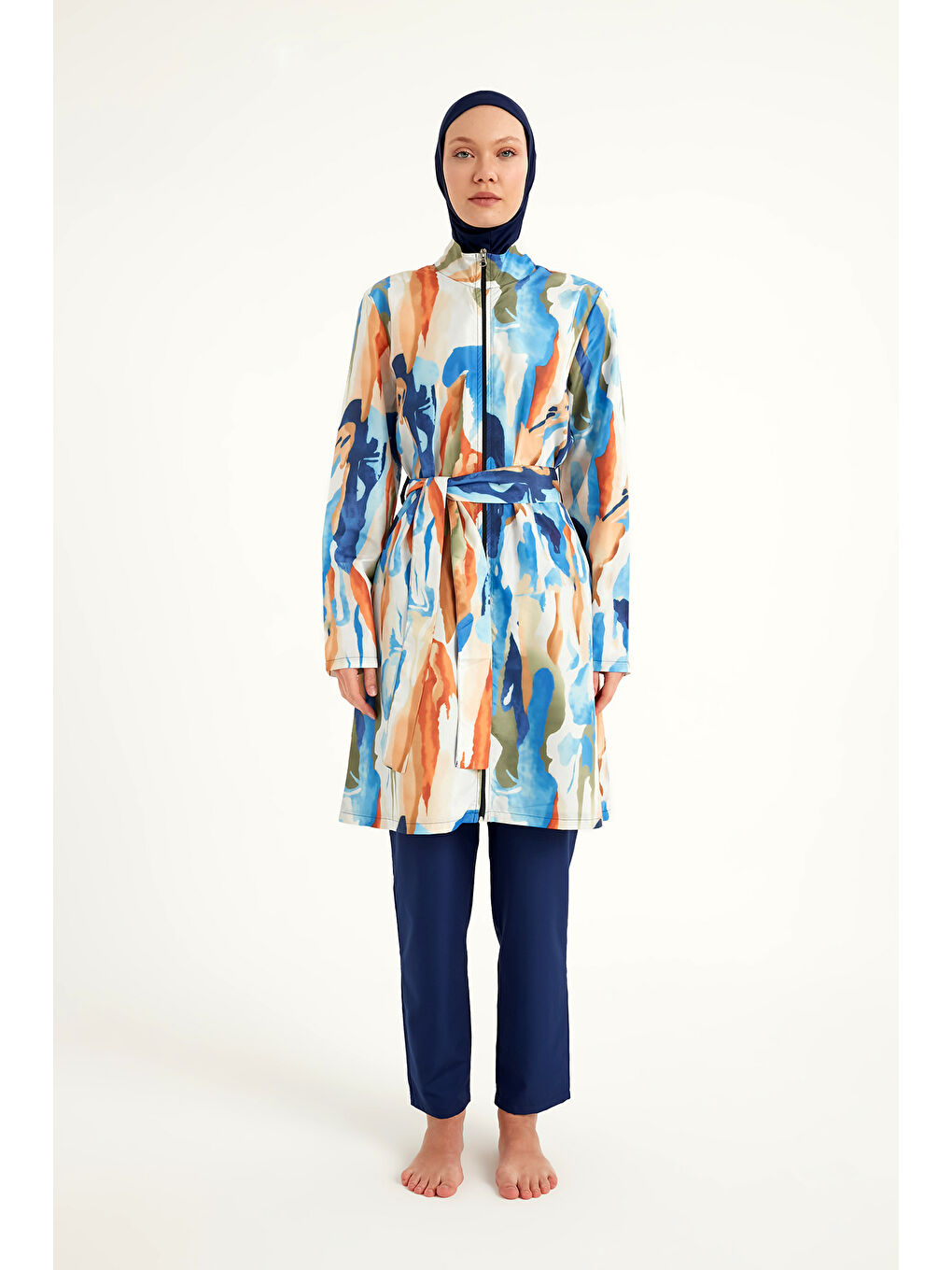 Lacivert Tam Kapalı Tesettür Mayo Plaj Çantalı 4 Parça Set R2514-4