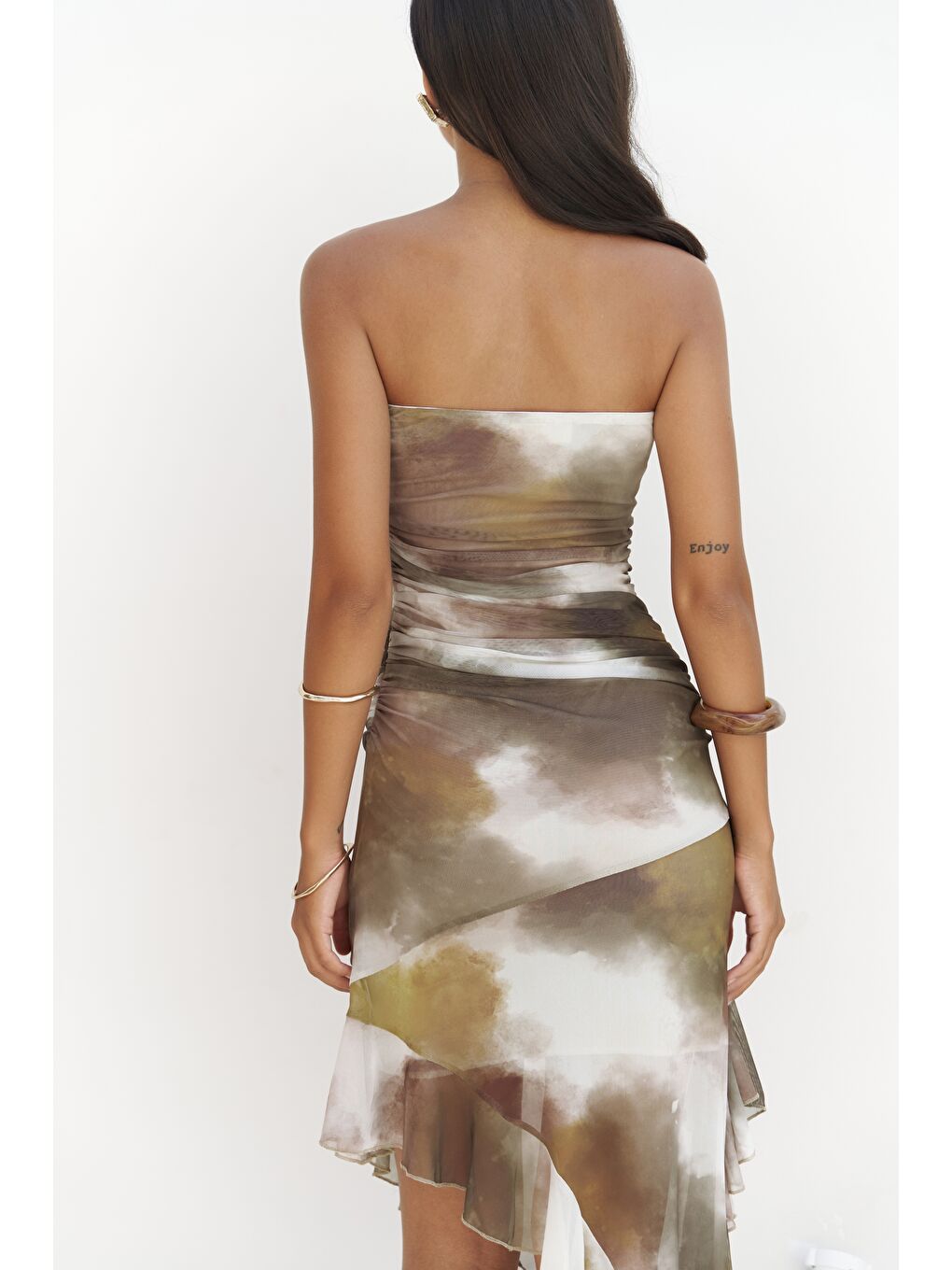 Stracnaha Drape Detaylı Yeşil Straplez Elbise-7