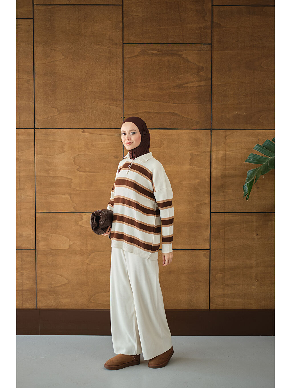Ekru Kadın Çizgi Düğme Detay Takım Krem-2