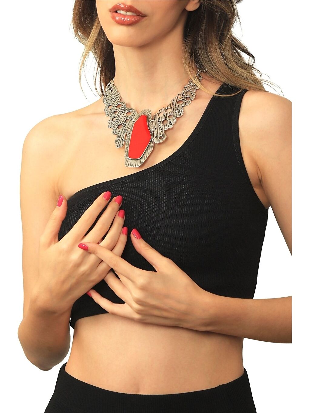 Kırmızı Kadın Antik Gümüş Kaplama Asimetrik Parçalı Mineli Kolye-2