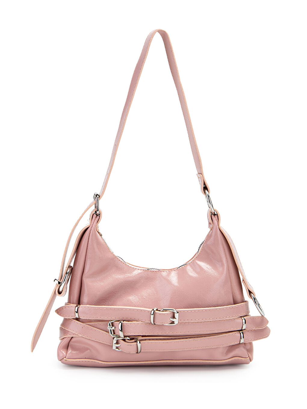 Pembe Kemer Detaylı Rugan Suni Deri Baget Kadın Kol Çanta Mary Pudra