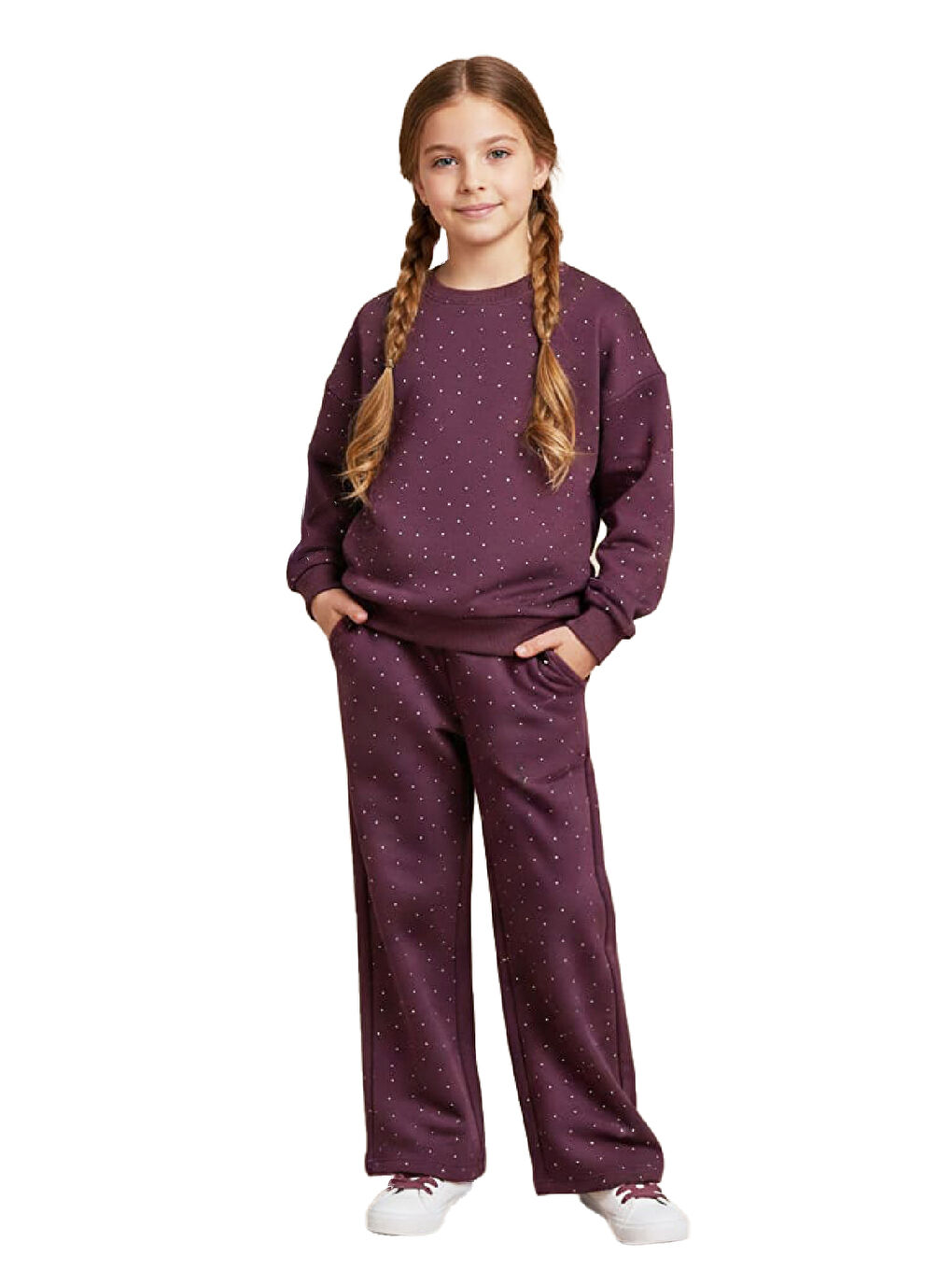 Mürdüm Kız Çocuk Taş Süslemeli 2 İplik Alt-Üst Takım 4-12 Yaş 12514