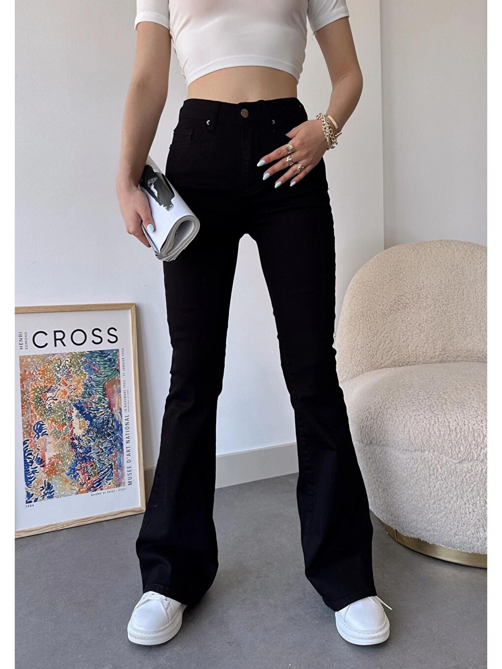 Siyah Yüksek Bel İspanyol Paça Elastanlı Jean Pantolon-2