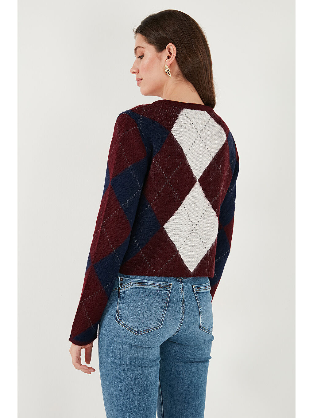 Bordo Regular Fit Bisiklet Yaka Baklava Desenli Düğmeli Crop Hırka 4615570-6