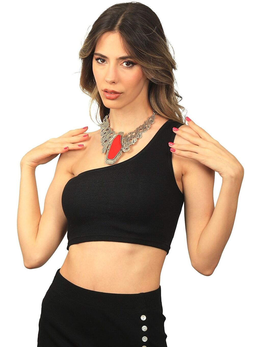 Kırmızı Kadın Antik Gümüş Kaplama Asimetrik Parçalı Mineli Kolye-3