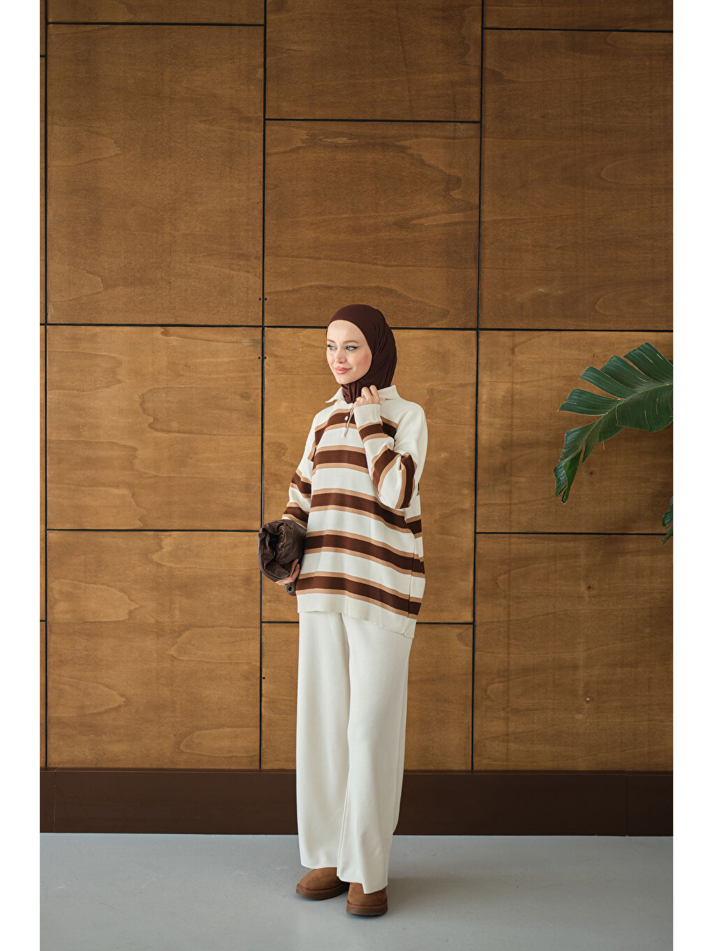 Ekru Kadın Çizgi Düğme Detay Takım Krem-3