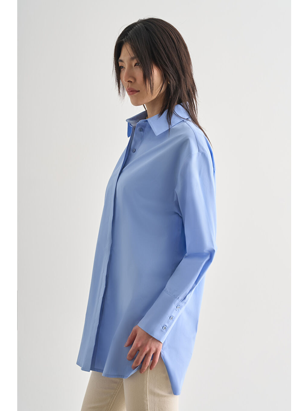 Premium Saf Pamuk Kalın Manşetli Oversize Mavi Gömlek-2