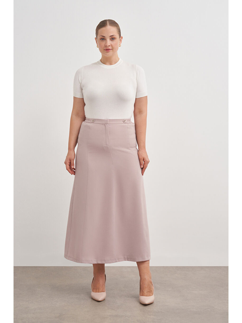 Bej Vizon Düğmeli Düz Kalem Etek-3