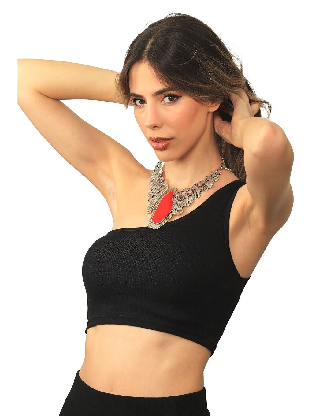 Kırmızı Kadın Antik Gümüş Kaplama Asimetrik Parçalı Mineli Kolye-4