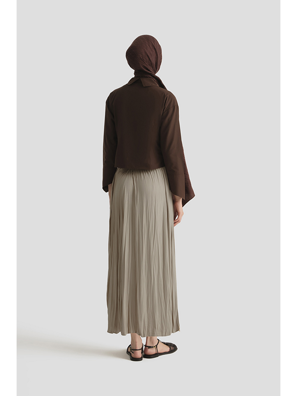 Bej Kırışık Efektli Saten Etek Vizon-3