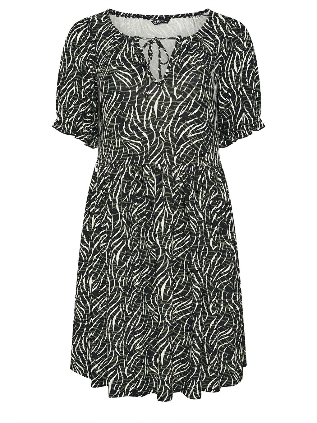 Siyah Büyük Beden Yakası Büzgülü Desenli Mini Elbise 304018-6