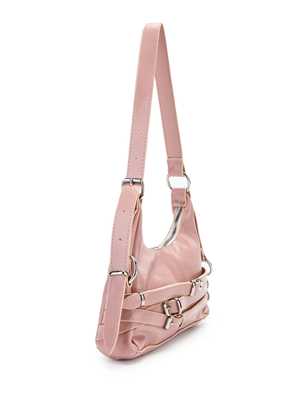 Pembe Kemer Detaylı Rugan Suni Deri Baget Kadın Kol Çanta Mary Pudra-2