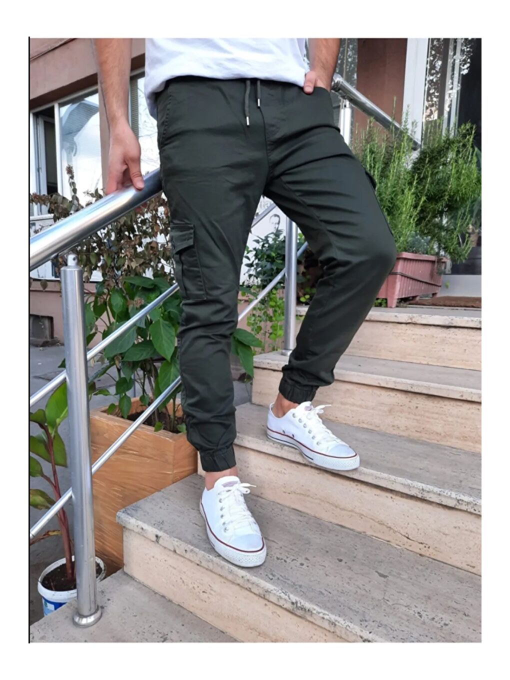 Haki Slim Fit None Denim Yandan Cepli Bel Bağcıklı, Paçaları Lastikli Erkek Kargo Pantolon