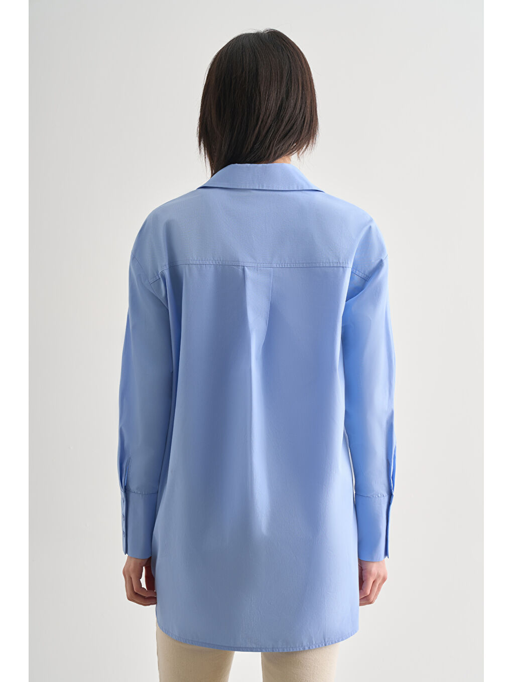 Premium Saf Pamuk Kalın Manşetli Oversize Mavi Gömlek-4