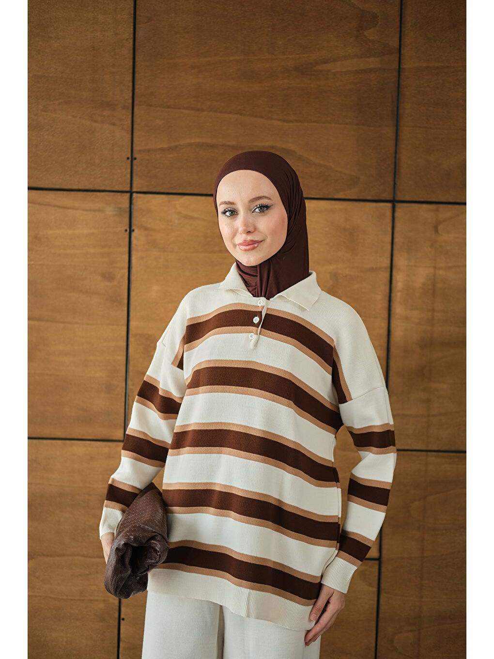 Ekru Kadın Çizgi Düğme Detay Takım Krem-4