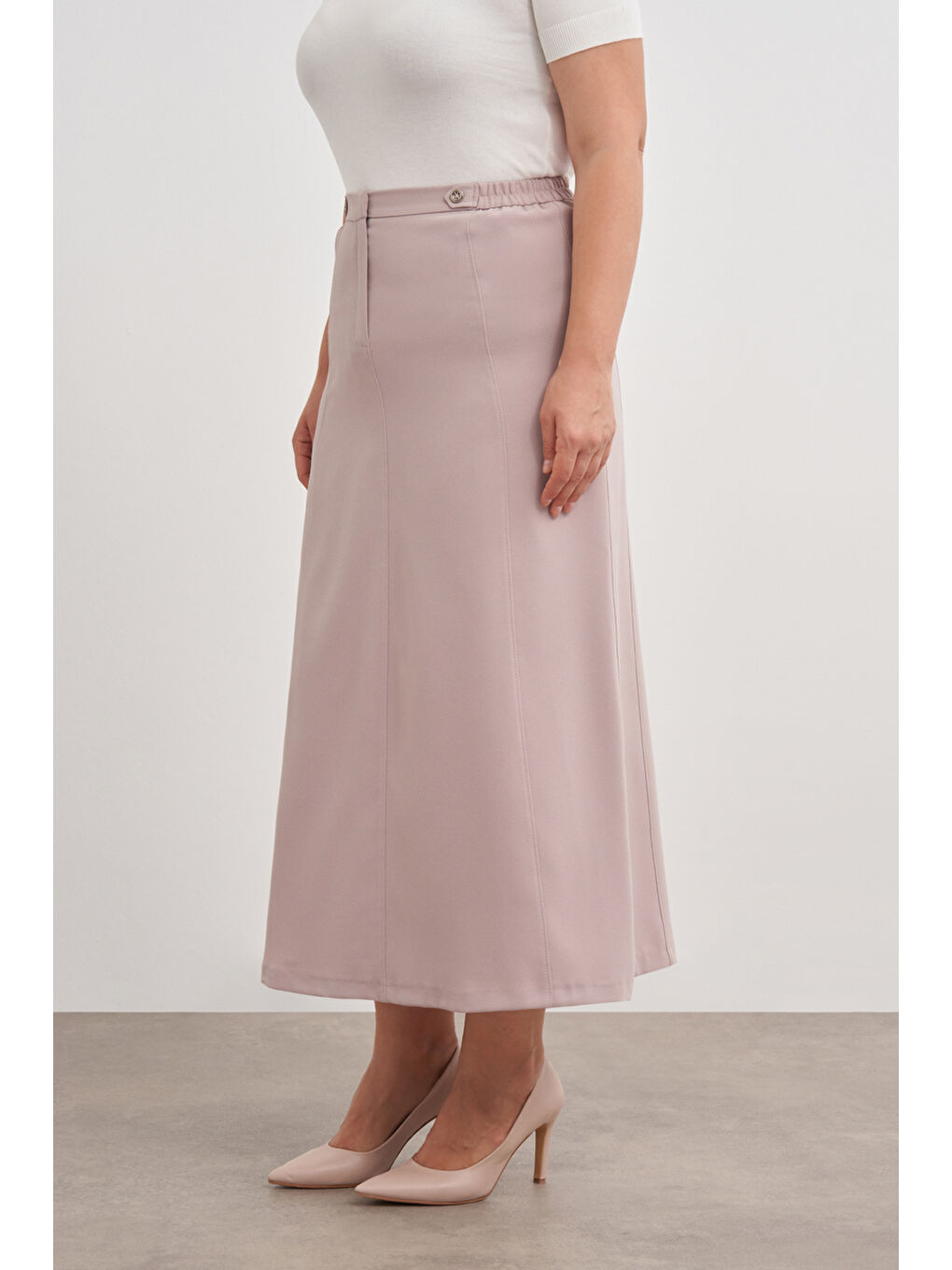 Bej Vizon Düğmeli Düz Kalem Etek-4