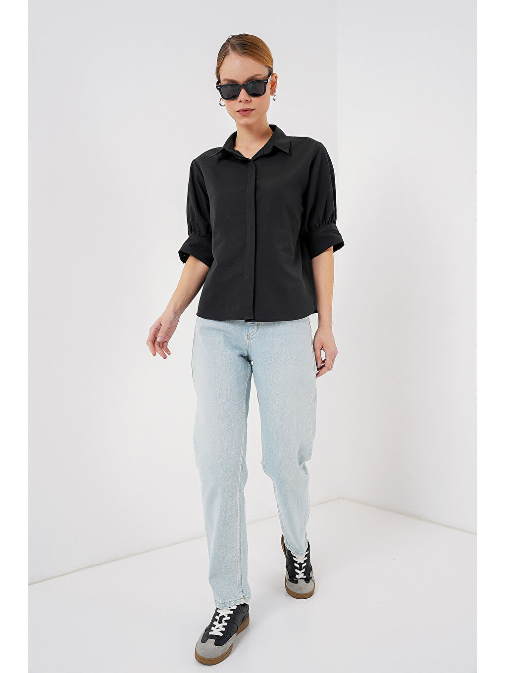 Kadın Kısa Kol Gömlek 20312 - Siyah-1