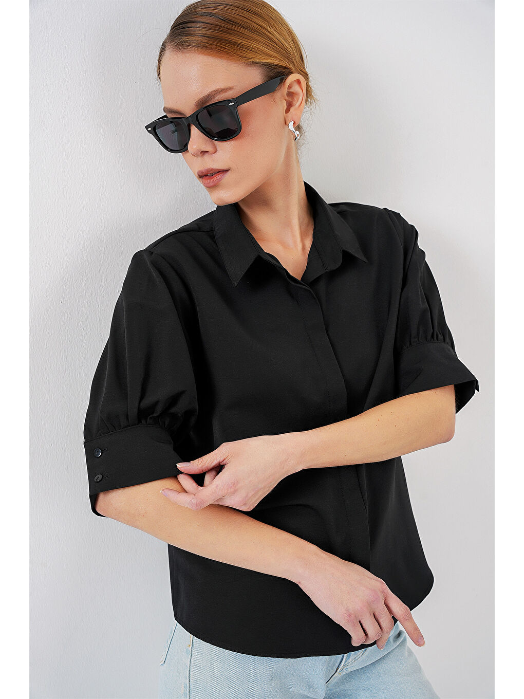 Kadın Kısa Kol Gömlek 20312 - Siyah-2