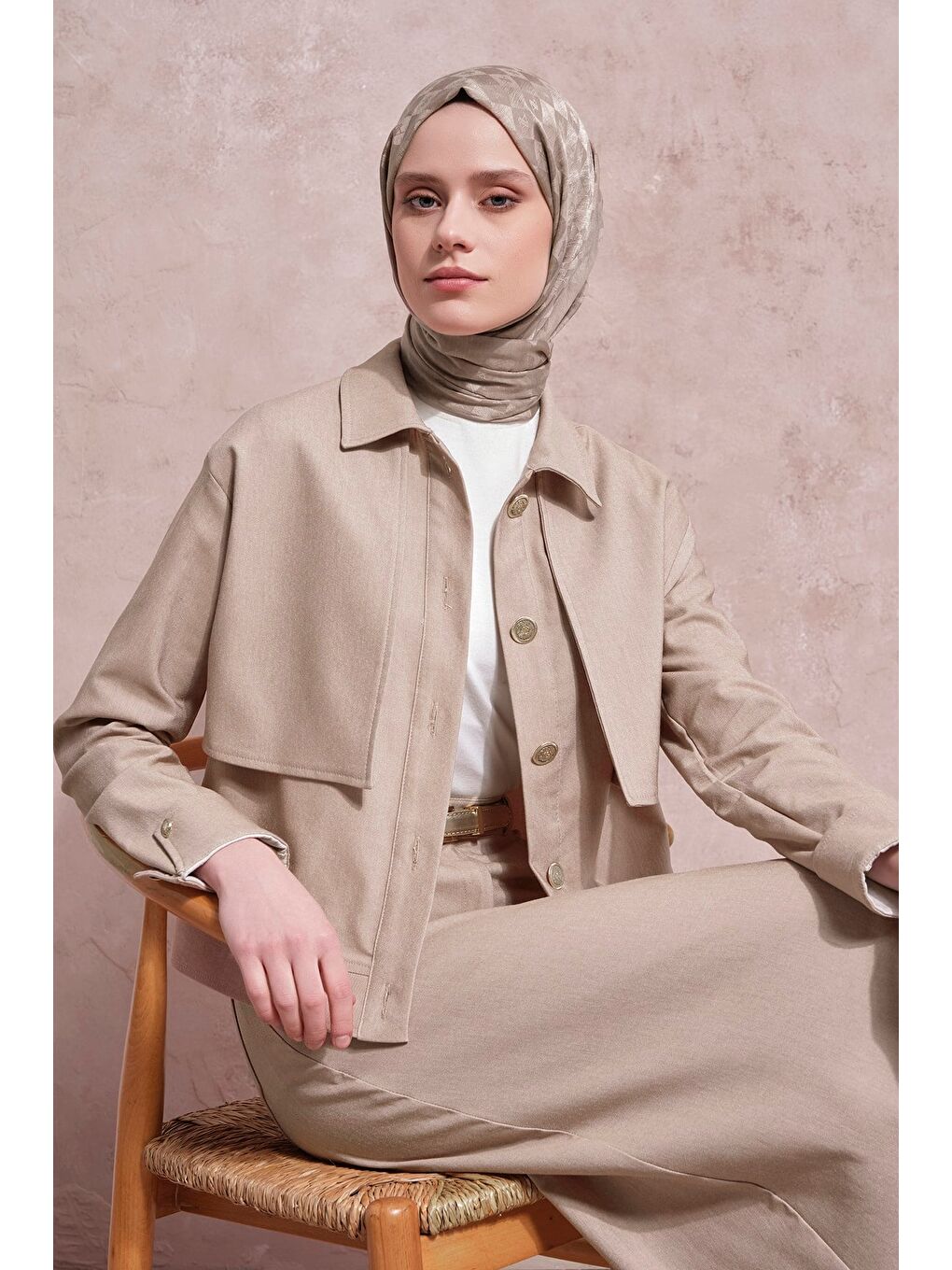 Ceketli Denim Takım Bej