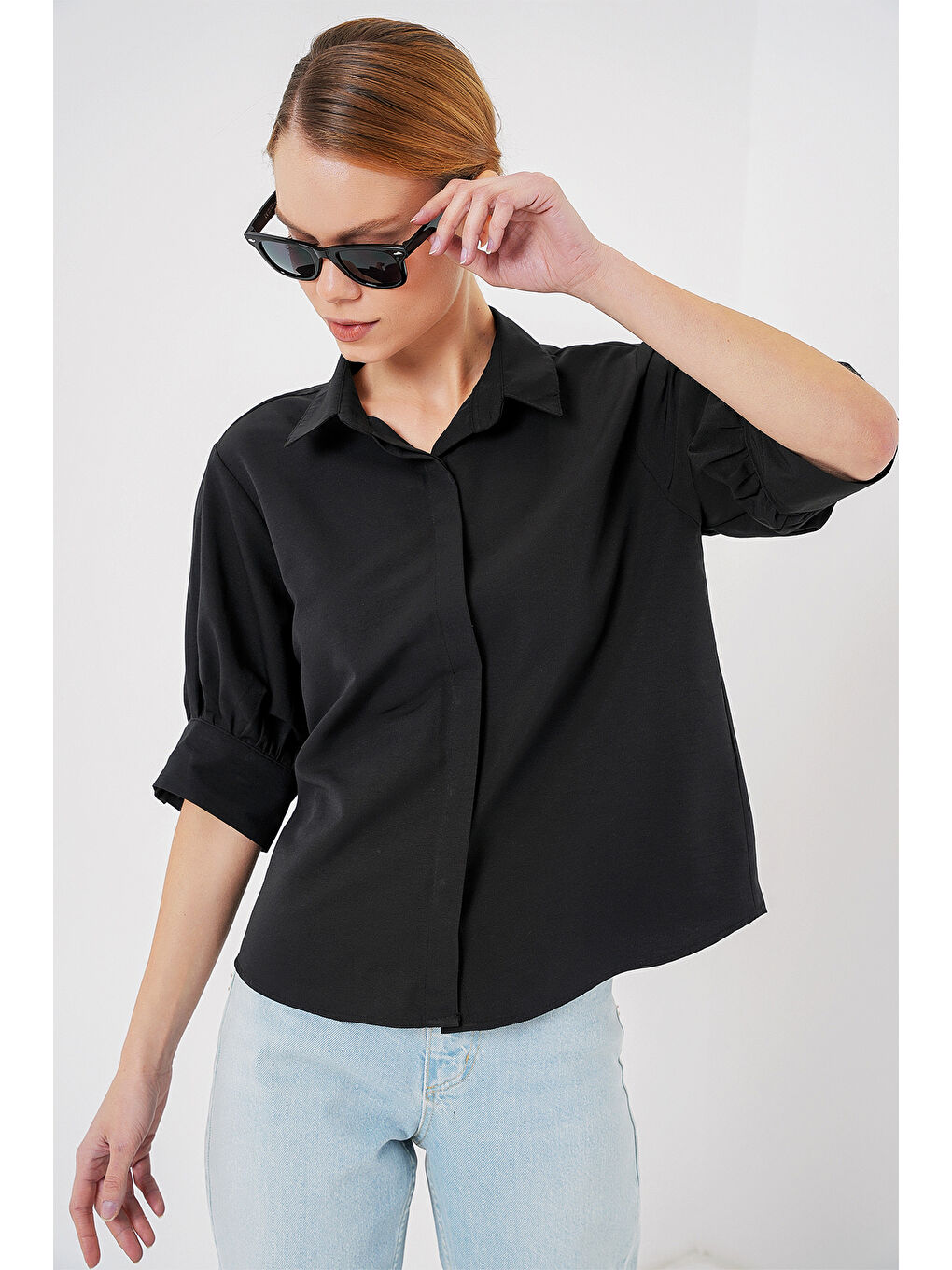 Kadın Kısa Kol Gömlek 20312 - Siyah-3