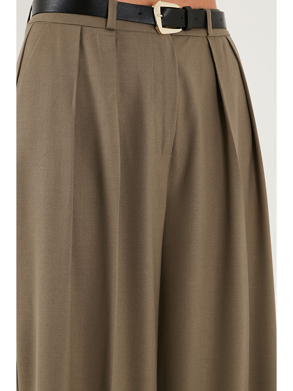 Bej Pileli Wide Leg Yüksek Bel Geniş Paça Kemerli Palazzo Pantolon 68351070-5