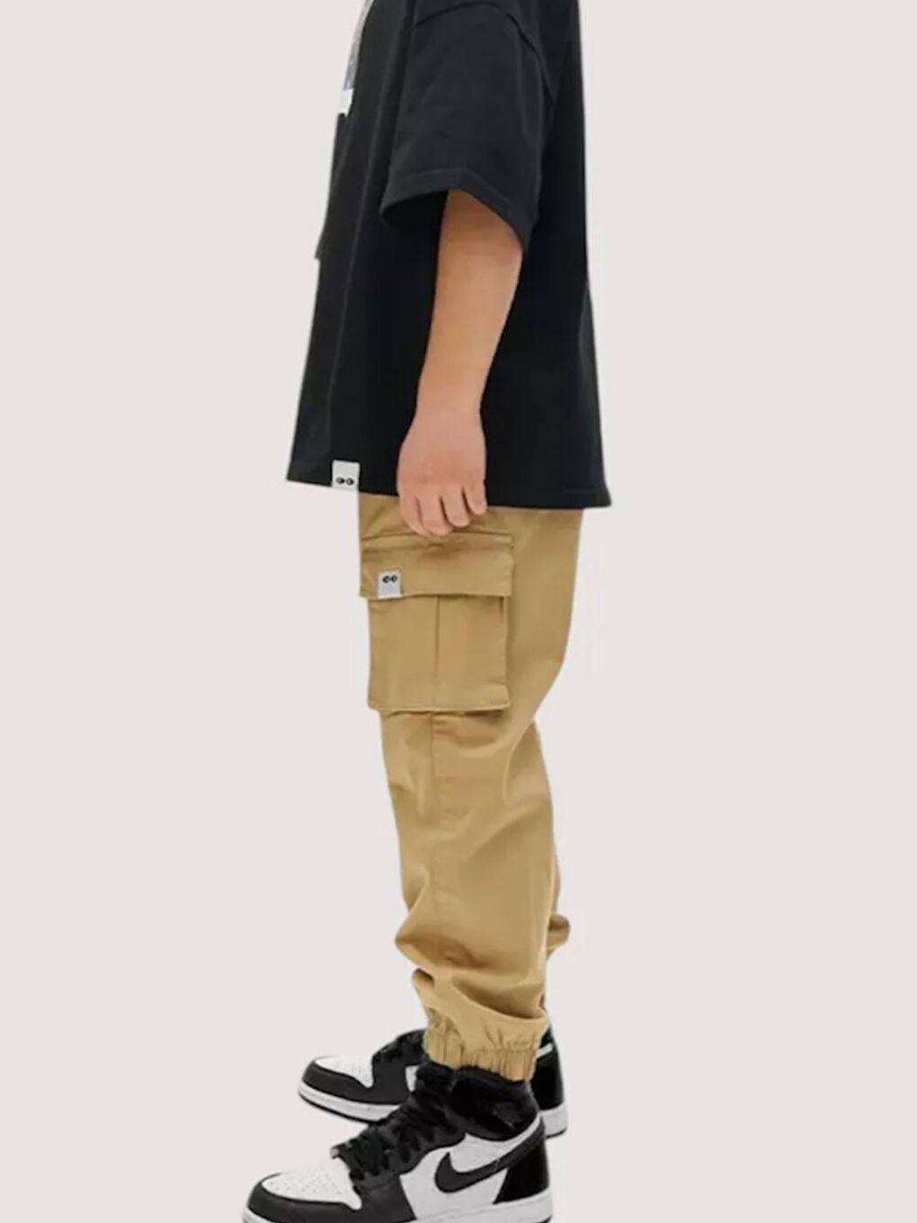 Bej Erkek Çocuk Kargo Cepli Beli Bagcikli Lastikli Paça Jogger Gabardin Pantolon-1