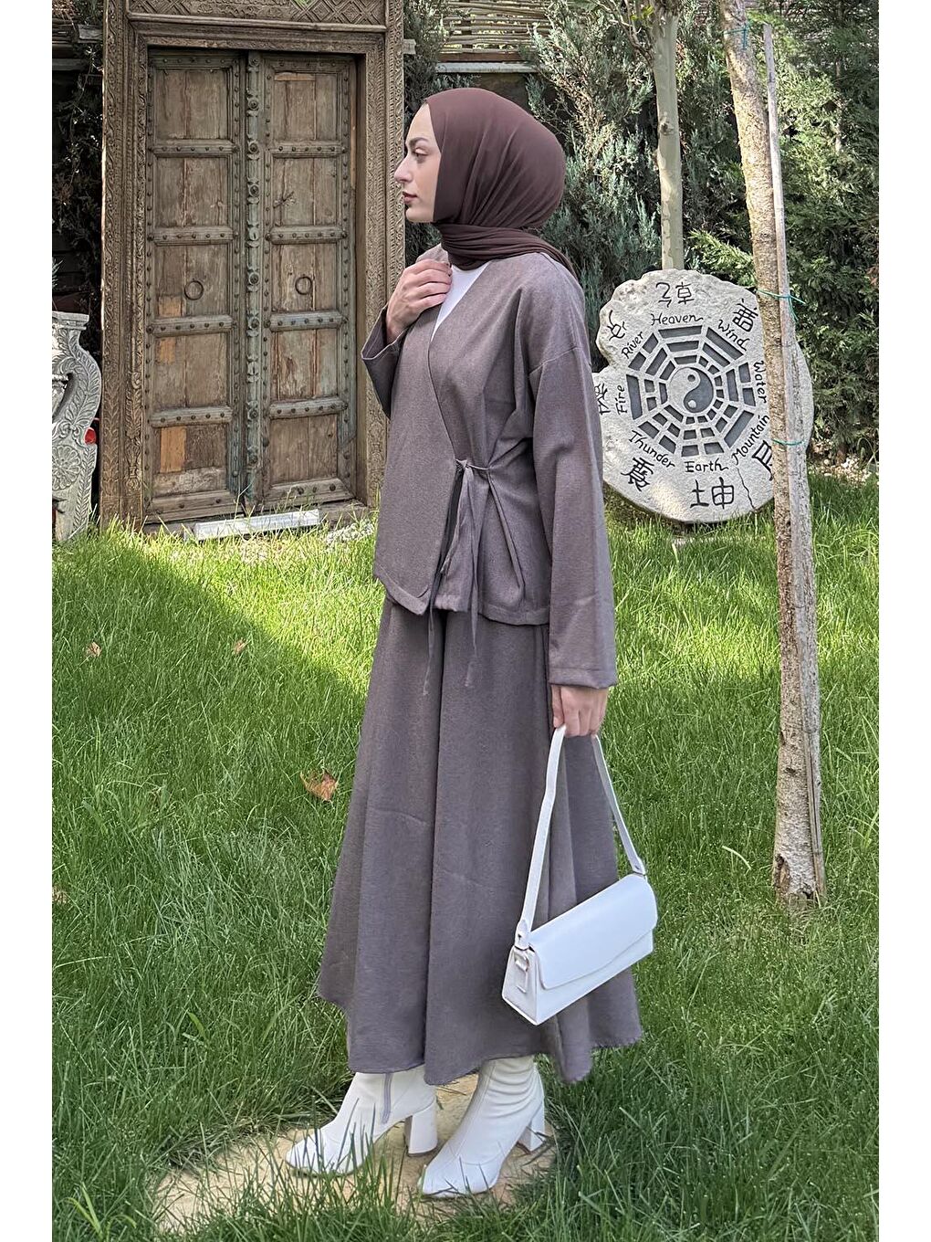 Bej Bağlama Detaylı Etekli Takım Vizonrengi-1