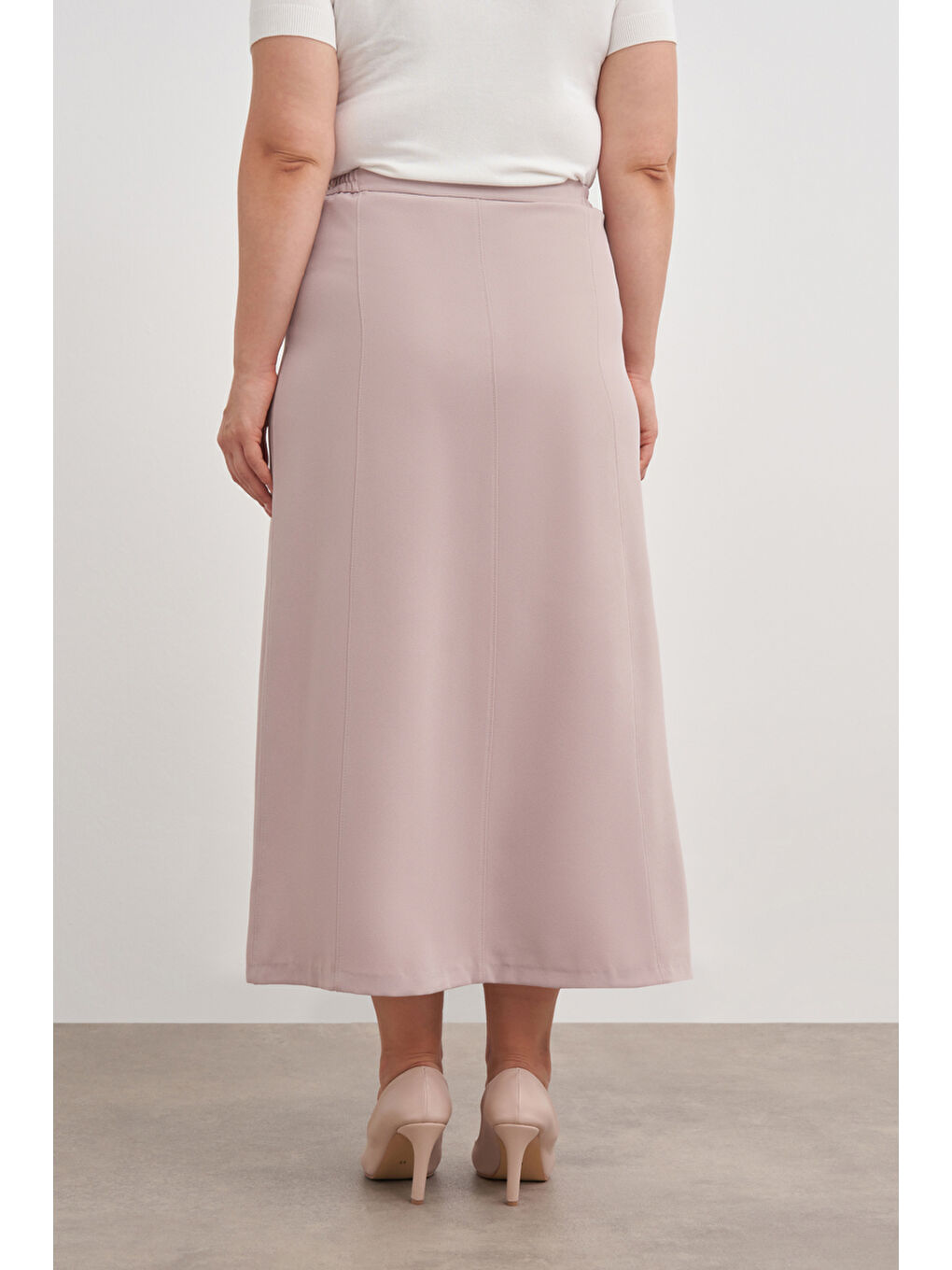 Bej Vizon Düğmeli Düz Kalem Etek-5