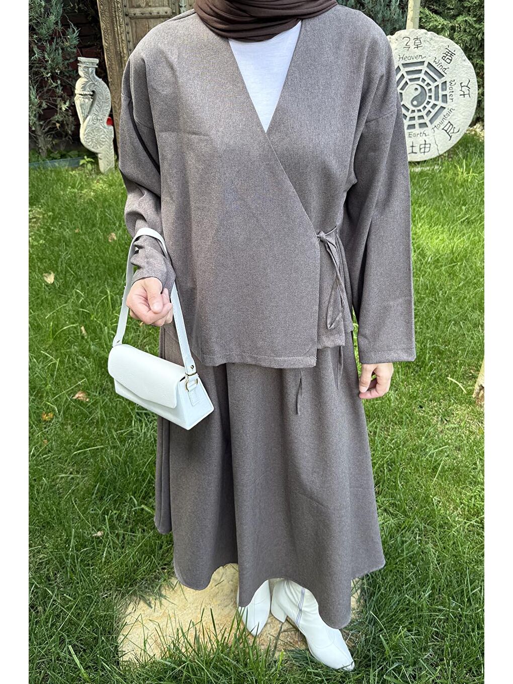 Bej Bağlama Detaylı Etekli Takım Vizonrengi-2