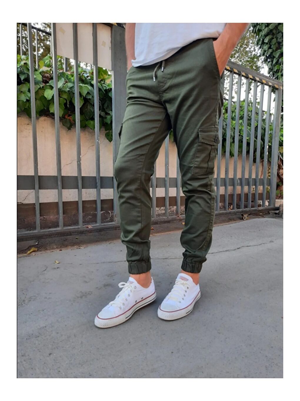 Haki Slim Fit None Denim Yandan Cepli Bel Bağcıklı, Paçaları Lastikli Erkek Kargo Pantolon-1