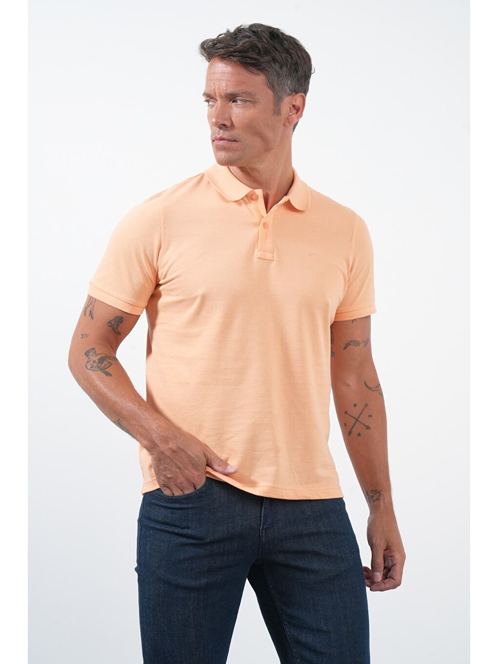 Pembe Turuncu Polo Yaka Pike Kısa Kol Slim Fit Pamuklu Tişört 1011260170-2