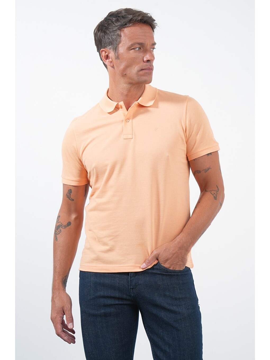 Pembe Turuncu Polo Yaka Pike Kısa Kol Slim Fit Pamuklu Tişört 1011260170-4