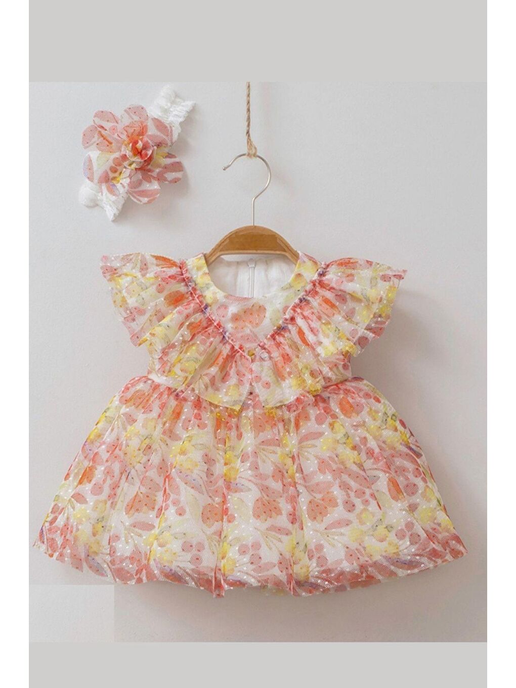 Turuncu Kız Bebek Tül Baskılı Saç Bantlı Elbise-1