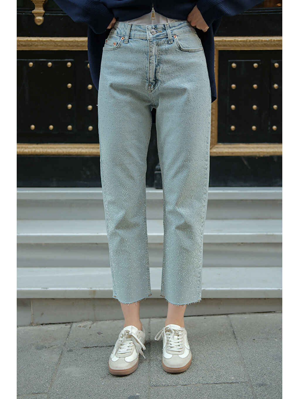 Kadın Taşlı Jean Pantolon Buz Mavi