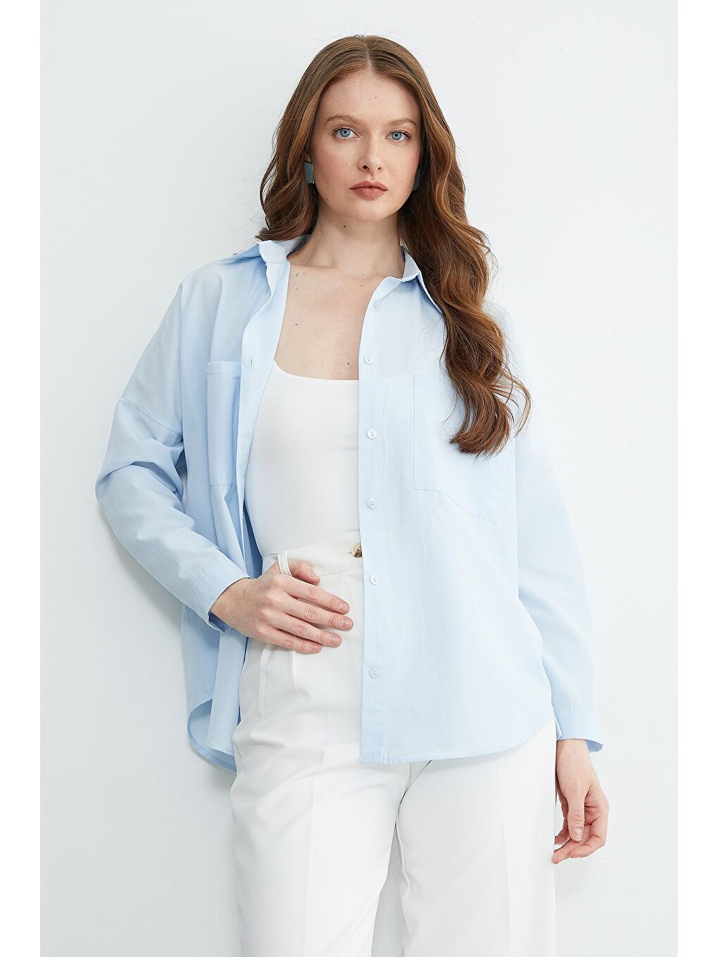 Mavi Basic Çift Cepli Gömlek-1