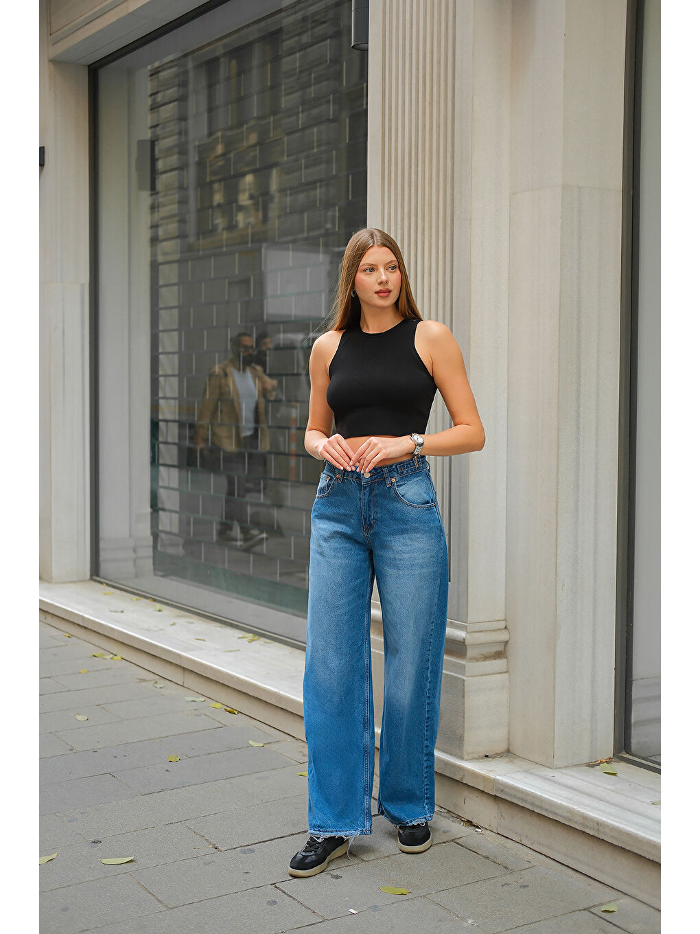 Kadın Kemer Detay Jean Pantolon Mavi-3